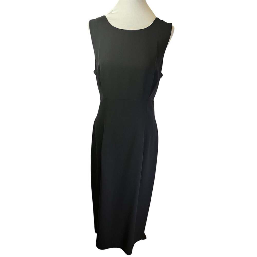 Maggy London Open Tie Back Midi Dress Sz 12 Crepe Black Zip Scoop Neck Back Slit